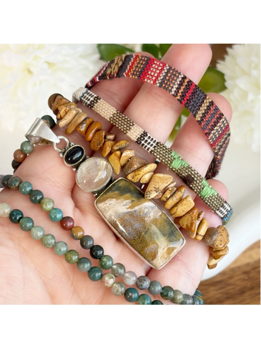 Onyx Golden Rutile Quartz Ocean Jasper Pendant Necklace Jewelry Set Lot New 925 - Picture 2 of 8